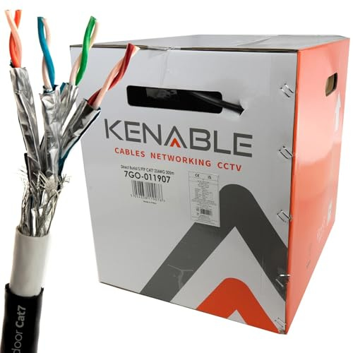 kenable Direct Burial CAT7 Outdoor Ethernet Cable Reel 23AWG Pure Copper SF/FTP Gel Filled UV Resistant 10Gbps 600MHz Network Cable Black 305m