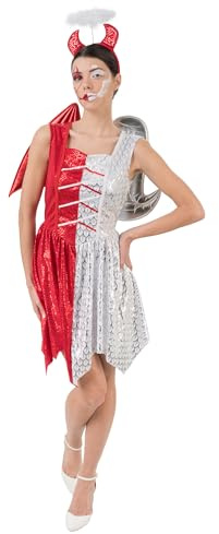 Chaks - Costume ange et diable pour femme pour Halloween | Tenue d'Halloween en deux pièces, robe avec ailes et serre-tête, déguisement avec motif ange et diable