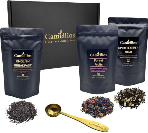 Luxury Tea Gift Box, 3 Loose Leaf Teas with Spoon, Camellios | 3 Premium Blends, Steel Scoop | Ideal Gift for Her and Him | Ready to Give | UK Hand Blended