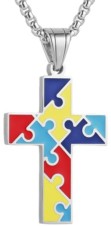 AsAlways Colorful Jigsaw Puzzle Cross Necklace for Women Stainless Steel Autism Awareness Puzzle Piece Necklace Pendant Jewelry Gift
