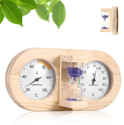 Viitech Thermomètre de sauna hygromètre avec sablier de 15 minutes, 3 en 1 fixé au mur, en bois, mesure précise de la température, de l'humidité de l'air, accessoire de sauna