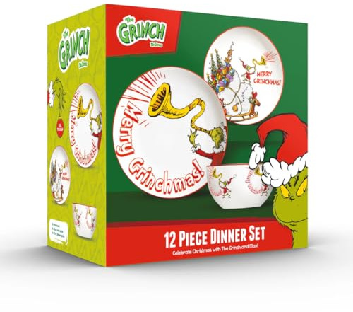 The Grinch™ Merry Grinchmas 12-Piece Porcelain Dinner Set, 27cm Dinner Plates, 20cm Side Plates, 14cm Bowls, Christmas Collection, Microwave and Dishwasher Safe, Green