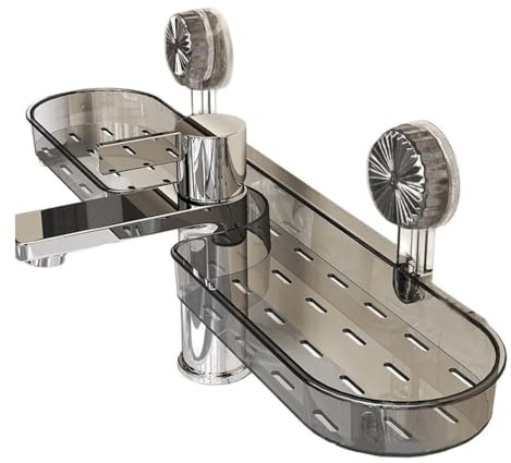 BlesConi Étagère de lavabo de salle de bain, organiseur à ventouse pour robinet, étagère de rangement murale en PVC ABS, noir ou gris (gris transparent)
