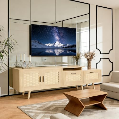 EZSSW TV Schrank Rattan 169 cm Längenverstellbar, TV Lowboard für Fernseher bis 75 Zoll, Fernsehschrank mit 2 Türen & 2 Schubladen, Modernes TV Board Bambusgeflecht für Wohnzimmer & Esszimmer