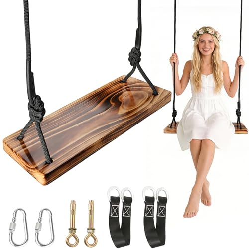 Carbonized Wooden Swing,Aspelve 18x 8 Hanging Tree Swing with Heavy Duty 440 lbs Load,Wooden Swing Seat with Adjustable Climbing Rope & Tree Straps for Outdoor and Indoor Use (18x 8)