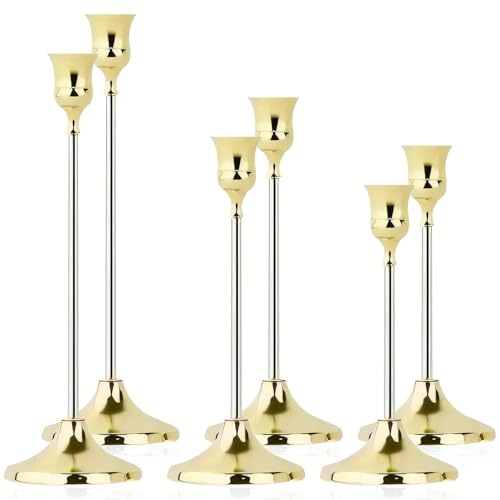 6er Set Goldene Kerzenständer, Hochbeinige Vintage Kerzenleuchter speziell für Stabkerzen, 23/20/16 cm Candle Holder für Hochzeit & Heimdeko