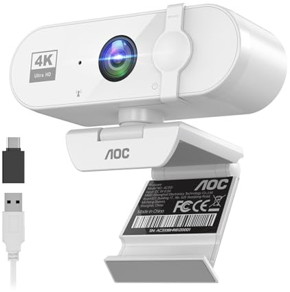 AOC Webcam 4K per PC con microfono, con cancellazione del rumore, copertura privacy, FOV 99°, USB Plug & Play, per streaming, conferenze, zoom, Skype, FaceTime, colore: Bianco