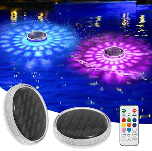 RNPKZ 2 Stück Poolbeleuchtung Unterwasser Solar, Poolbeleuchtung Solar, Schwimmende Poolbeleuchtungmit Fernbedienung, 12 Farbmodi & Timer, Pool Lichter Schwimmend für Pool Badewanne, Aquarium, Garten