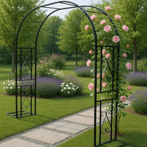 Rosenbogen aus Metall stabil, Rankgitter für Kletterpflanzen, Wetterfest Rankhilfe mit Kuppeldach, Torbogen für Garten, Rasen und Hochzeit, für Indoor&Outdoor(Black, 340x40x230cm)