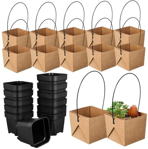 Uanqfegy Vasi quadrati per piante grasse con 12 sacchetti di carta – Set di 12 bomboniere da giardino con manico portatile con fori di drenaggio per piante da interno