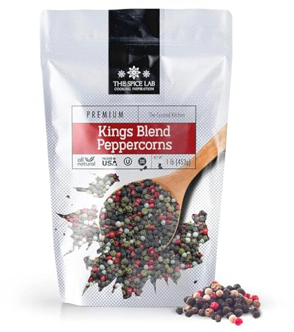 The Spice Lab (1 Lb) Kings Peppercorn Medley (5 Pepper Mix) Mixed Peppercorns with Pimenta (All Spice) - All Natural OU Kosher Non GMO Gluten Free - Peppercorns for Grinder Refill