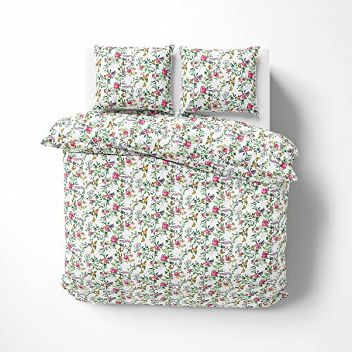 Mako Satin Blumen Bettwäsche mit Vögeln und Schmetterlingen weiß 155x220 + 80x80 100% Baumwolle