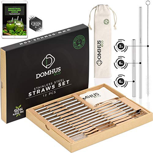 DOMHUS® Premium Edelstahl Strohhalme Wiederverwendbar Set 12er Ungiftig Trinkhalme | 100% Plastikfrei | Aufforstungsprojekt Partner | 12 Metall Strohhalme + 2 Reinigungsbürsten + Stoffbeutel + Ebook