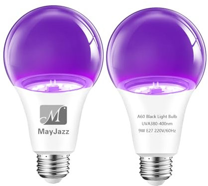 MayJazz UV Schwarzlicht Glühbirne, A60 9W (60 Watt Äquivalent) 380-400nm Wellenlänge E27 Sockel, Dunkeln leuchtend für Home Party Halloween Bühne DJ Disco Beleuchtung (2 Pack)