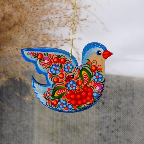 Vogel Osterschmuck Deko Hühner Osteranhänger aus Holz Beidseitig Bunt Handbemalt - Ukrainische Kunsthandwerkliche Tradition der Petrykiwka-Malerei für Ihren Osterstrauß Schöne Osterdekoration