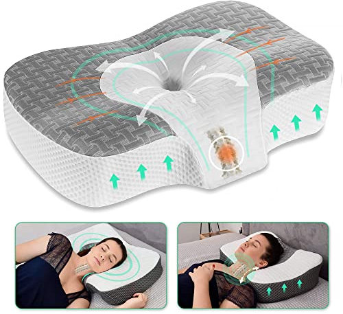 Elviros Zervikale Orthopädisches Kopfkissen aus Memory-Schaum abnehmbares ergonomisches Nackenhörnchen für Nacken- und Schulterschmerzen Nackenstützkissen für Seitenschläfer, Grau