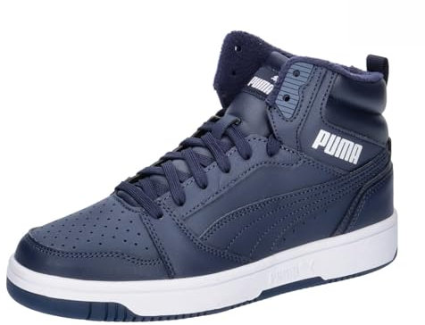 PUMA Unisex Kinder Rebound V6 Mid WTR Jr Sneaker, Starkes Grau, Marineblau, PUMA Weiß, 35.5 EU