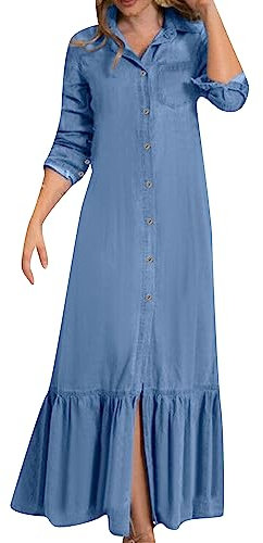 OMZIN Women's Denim Button Down Ruffled Long Dress Lapel Long Roll up Sleeve Maxi Dress Sky Blue L