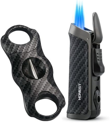 HONEST Triple Jet Feuerzeug, eingebauter Punch, sichtbares Gasfenster, nachfüllbares Gas, einstellbare Flammenintensität, Taschenfeuerzeug, Geschenk für Vater Dad Boy Freund (Lighter and Cutter Sets)