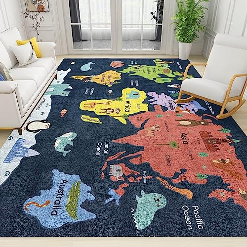 TEMLAN Weltkarte Der Meerestiere Teppiche Gegend, Weltkarte Für Kindererziehung Kinderteppich für Drinnen und Draußen Terrasse Balkon Garten Wohnzimmer 80 x 150cm