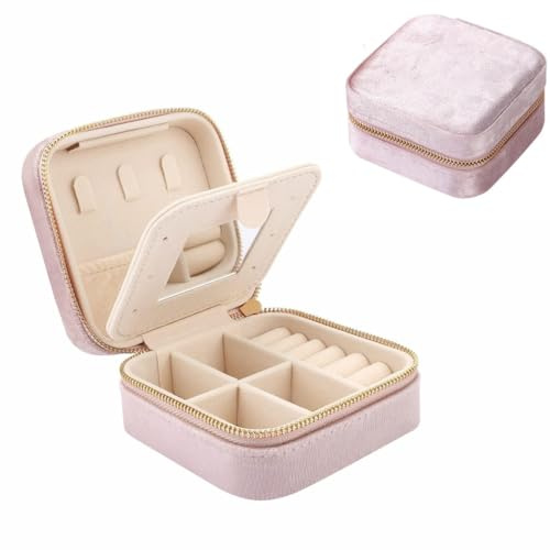 Copiel Piccolo portagioie da viaggio, Mini Portagioie Portatile in Velluto da Viaggio con Specchio, Portagioielli per Anelli, Orecchini, Collane, Bracciali, Rosa
