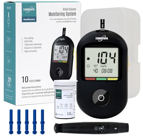 EUROPAPA® Blutzuckermessgerät mit 10 Stk Blutzuckerteststreifen und 10 Stk Blutlanzetten und Stechhilfe, Blutzuckermesssystem Diabetes-Set mg/dL für Blutzuckers Selbstkontrolle (Schwarz)