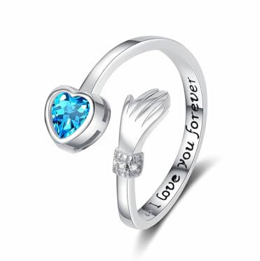 QKEPCY Herzförmiger Verlobungsring aus 925er Sterlingsilber für Damen mit Zirkonia-Steinen offener Ring mit Gravur 'I Love You Forever' romantischer Schmuck für besondere Anlässe
