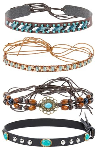 craspire 4 Style Bande de Chapeau de Cowboy Fait à la Main en Simili Cuir Tressé Style Ethnique Occidental Ceinture de Chapeau Réglable Accessoires pour Chapeau Occidental de Paille de Cowboy Fedora