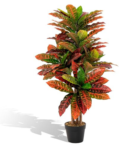 COSTWAY Pianta Artificiale di Croton 100 CM, Albero di Croton Finto con Foglie Variopinte, Tronco Naturale in Legno, Pianta Finta Realistica per Ufficio e Casa
