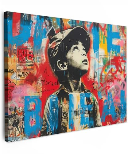 MuchoWow© Leinwandbilder 80x60 cm Wall Art Decoration Bilder für die Wand Schlafzimmer Deko Canvas Painting Wanddekoration Wohnzimmer Graffiti - Vintage - Junge - Street art - Neon - Banksy