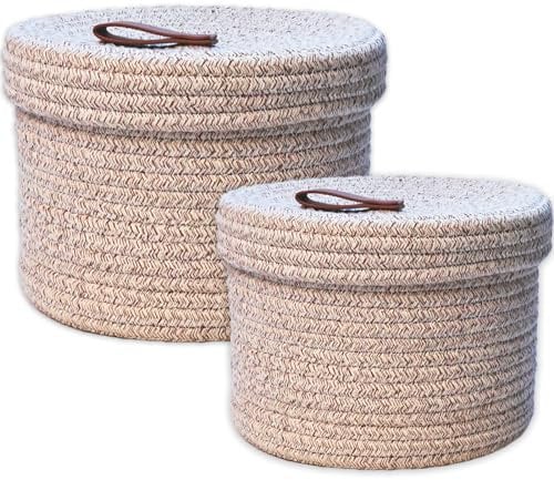 Yearonan 2-Piece Storage Baskets with Lids - Cotton Rope Lidded Basket - Natural Cotton Thread, Leather Buckle - Woven Storage Basket (Brown)