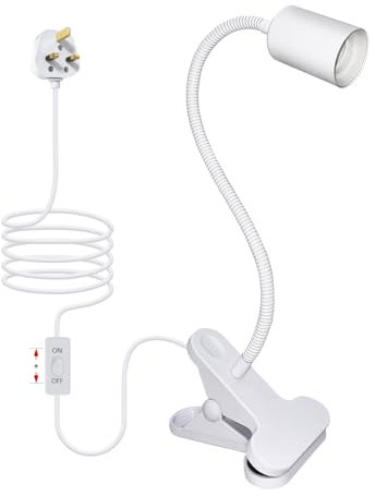 Clip on Light Bulb Holder with 240CM Cable, 35CM Long Adjustable Gooseneck, E27 Lamp Holder with Switch, Clip on Lamp for Bed, Flexible Clamp Lamp, Clip Light for Desk Reading, White