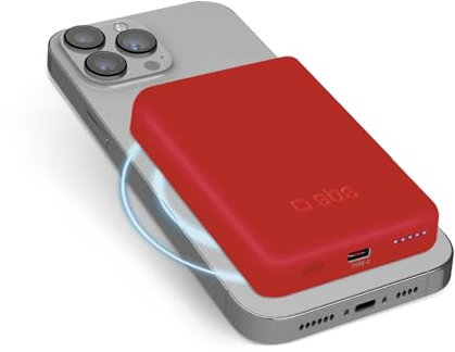 SBS Power bank battery pack 5000 mAh, compatibile con MagSafe, ricarica wireless, porta USB-C, led di stato, universale per iPhone, Samsung, Xiaomi, Oppo, rosso