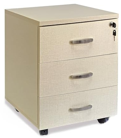 Marvin Cassettiera Ufficio In Legno Chiave Sicurezza Con Ruote Per Scrivania Tavolo 3 Cassetti Ripiani (Beige Tramato)
