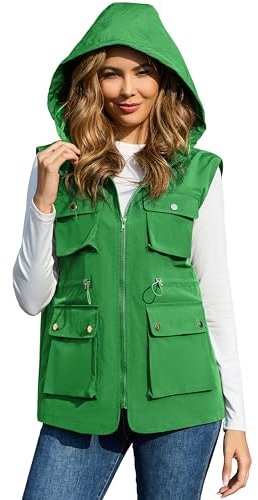 PESION Packbare Militär-Weste für Damen, Oberbekleidung, wasserdicht, Windjacke, Cargo-Weste mit abnehmbarer Kapuze, Grün, M