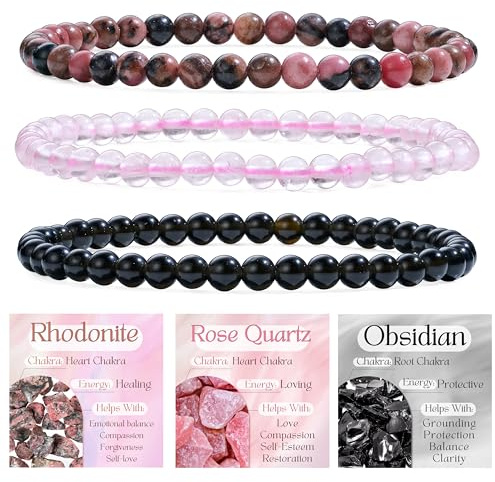 Bivei 3-Piece bracciale pietre naturali Bracciale elastico con perline donna, bracciale con pietre naturali fatto a mano per yoga, meditazione, protezione e regalo