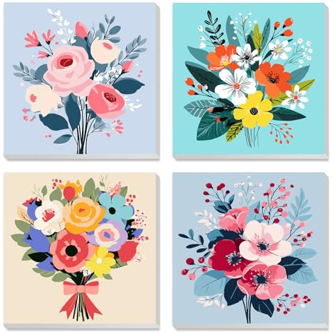 MXJSUA 4 Pack Framed Canvas Paint by Numbers for Kids Adults, Flowers Paint by Numbers Kit for Children Beginners, DIY Acrylic Painting Craft Kits for Home Wall Decor, 20x20cm