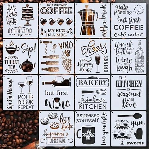 Amiiba Wiederverwendbare Motiv-Schablonen für Getränke, Bäckereien, zum Malen, Basteln und Dekorieren, Themenkunst-Schablonen für Bastelprojekte, 15 x 15 cm (Getränk), 15 Stück