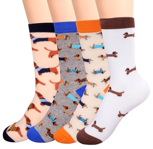 4 Paar Dackel Socken für Männer und Frauen, Dackel Geschenke, Viele Lustige Designs, Geschenke für Lieblingsmensch Frauen Männer Kinder Geburtstag