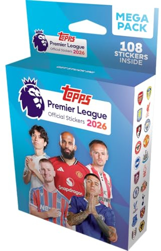 Topps Premier League Stickers 2026 - Mega Pack - enthält 18 Premier-League-Stickerpäckchen (insgesamt 108 Sticker).