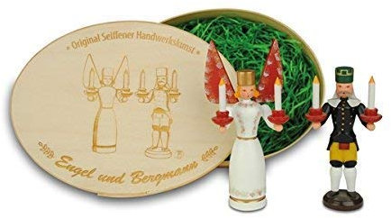 Rudolphs Schatzkiste Miniaturfigur Miniaturenpaar Engel & Bergmann in der Spandose Höhe=9,5cm NEU Lichterengel Miniatur Lichterbergmann Spanschachtel Licht Kerze Weihnachten Schnee Seiffen Kerzen