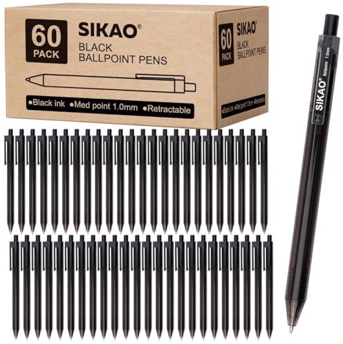 Stifte Bulk, schwarze Stifte, 60Pack Kugelschreiber für glattes Schreiben Stifte kein Abstrich, schwarze Tinte Stifte Medium Point 1.0mm, einziehbare Stifte, Klick-Stifte