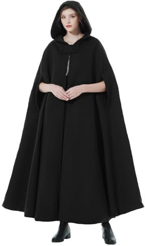 BEAUTELICATE Umhang mit Kapuze Mantel Wollmischung Damen Poncho Cape Lose Trenchcoat Outwear Hochzeit Herbst Winter Halloween Weihnachten (Schwarz - Voller Länge 127cm, Einheitsgröße)