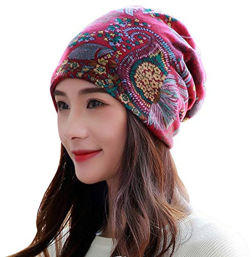 Yixda Damen Beanie Mützen Weich Kopftuch Hut Slouchy Turban Wintermütze (Rose Rot)