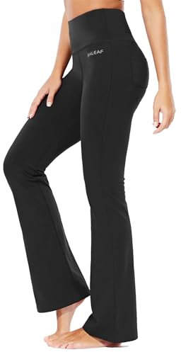 baleaf Yogahose Damen High Waist Schlaghose Bauchkontrolle Freizeithose Baumwolle Sporthose lang Yoga Pants mit Taschen Regulär/Groß Schwarz S