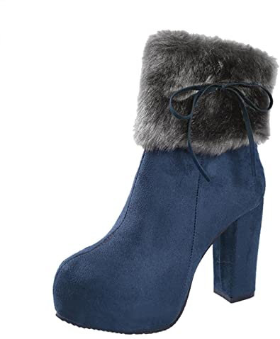 Yowablo Stiefel Damen Mode wasserdichte Plattform Rundkopf High Heels Reißverschluss Knöchel (37,Blau)