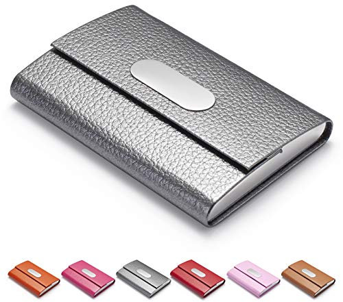 FACATH Visitenkartenhalter für Damen, PU-Leder & Edelstahl, Visitenkartenhalter, Brieftasche, Kreditkarten-Metallfach, Visitenkarten-Träger mit Magnetverschluss, Grau