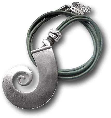 chrissona® lange Kette, Halskette mit großer versilberter Spirale, graue Lederkette, Länge 85 cm mit Karabinerverschluss, Geschenk, Frau, Lederschmuck