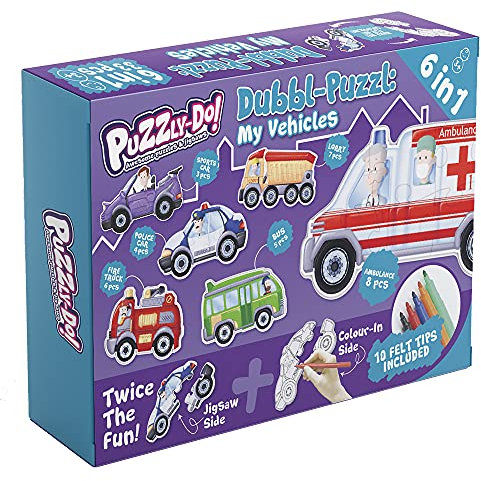 Dubbl-Puzzl My Vehicles: 6 Car Jigsaw Puzzles For Kids Age 3 Years And Over. Flip Them To Colour Them In. Felt Tip Pens Included.