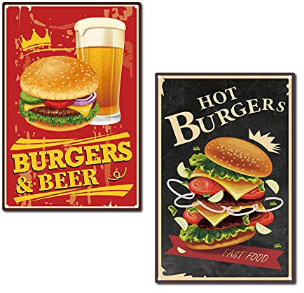 CREATCABIN 2 letrero de Chapa de Metal Hamburguesa Calientes Cerveza Comida Retro Vintage Divertido Mural Artístico Pared Pintura Hierro Colgante Hogar Jardín Bar Pub Cocina Sala Estar 12 x 8 pulgadas
